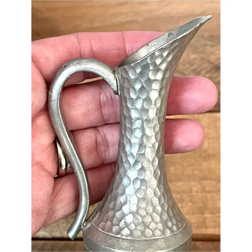Vintage Heavy TKF Handmade Indonesia Hammered Pewter Ewer Pitcher